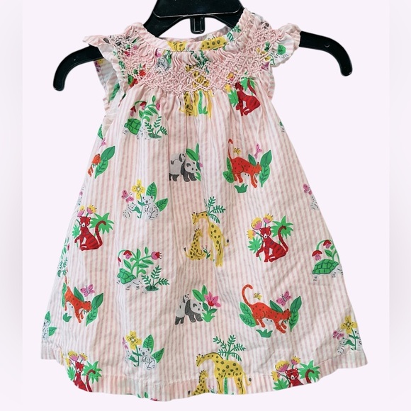 Baby Boden Other - Baby Boden Dress 3-6 M Pink White Striped Jungle Animals Smocked Whimsy Lined